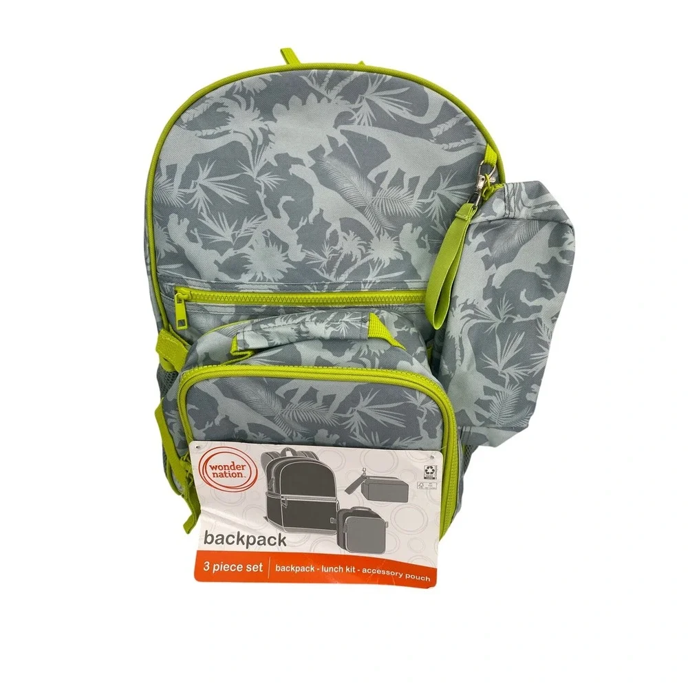 Wonder Nation Backpack Set Boys One Size Green Tropical Dino 3 Piece Adjustable